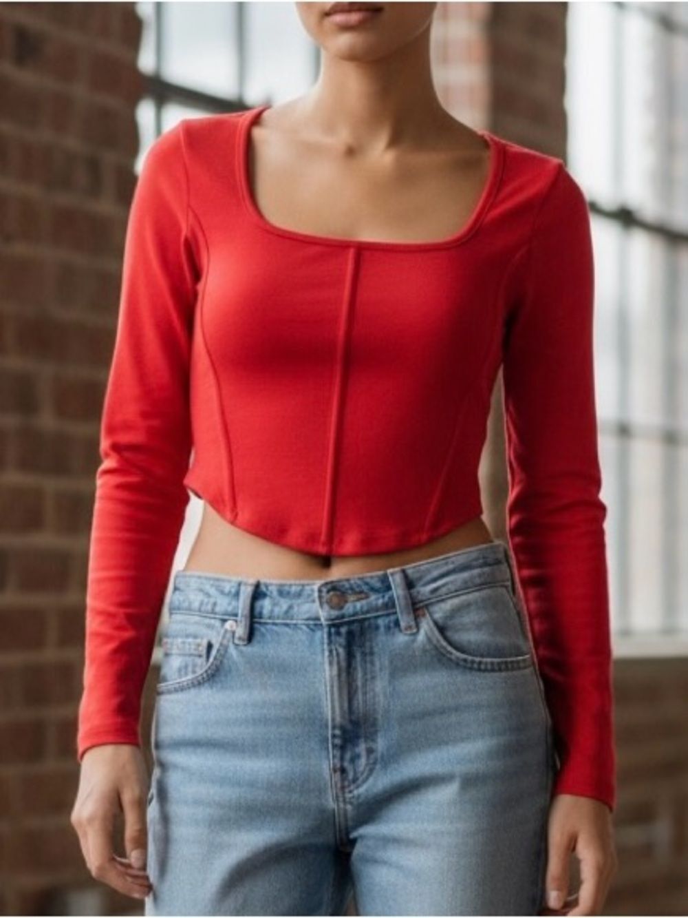Hollister Must Have Baby Tee Cropped Square Neckline Long Sleeve Womens Medium